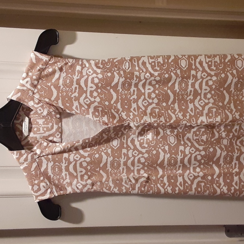 Liz Claiborne Women's Belted Sleeveless Tan and White Print Cotton Dress, size 2